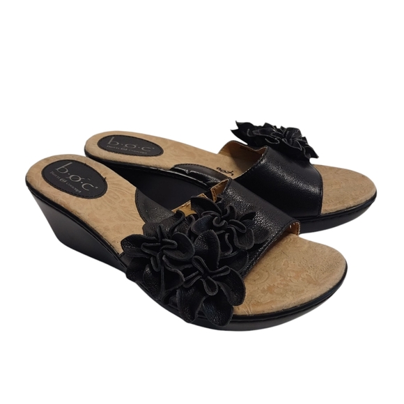 B.O.C. Women's Black Leather Floral Wedge Slide On Sandals Size 8 - Picture 1 of 9